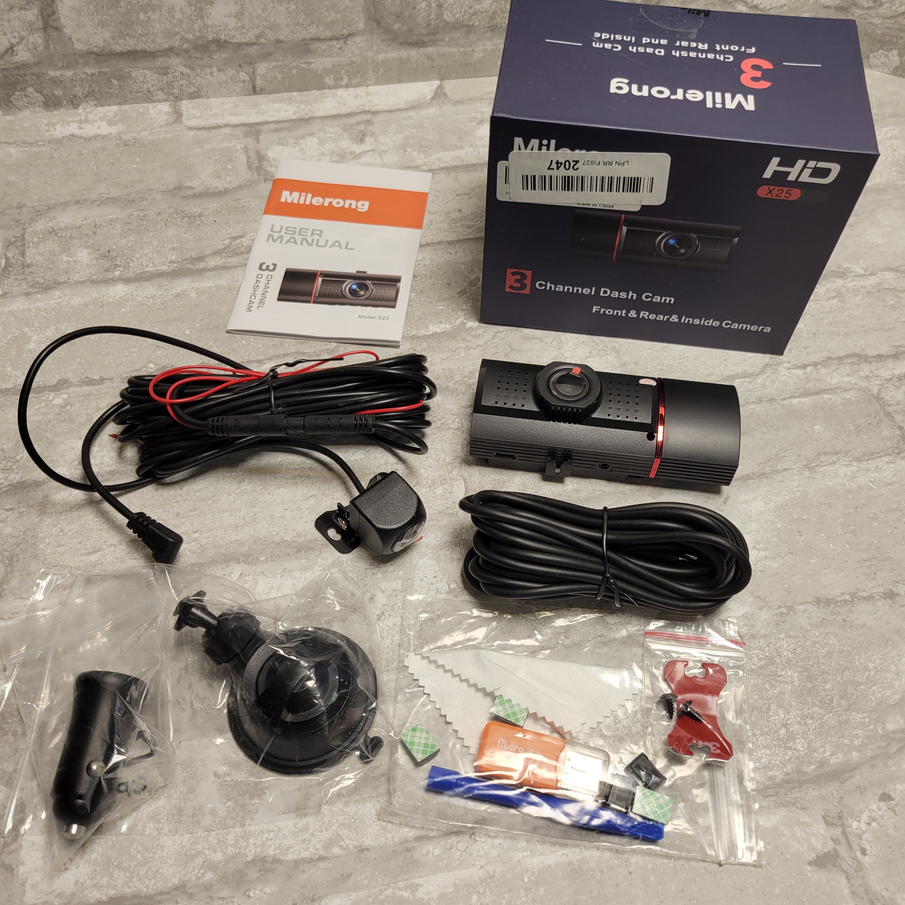 Milerong 3 Channel Dash Cam HD X25, Front, Rear, & Inside (8045146243310)